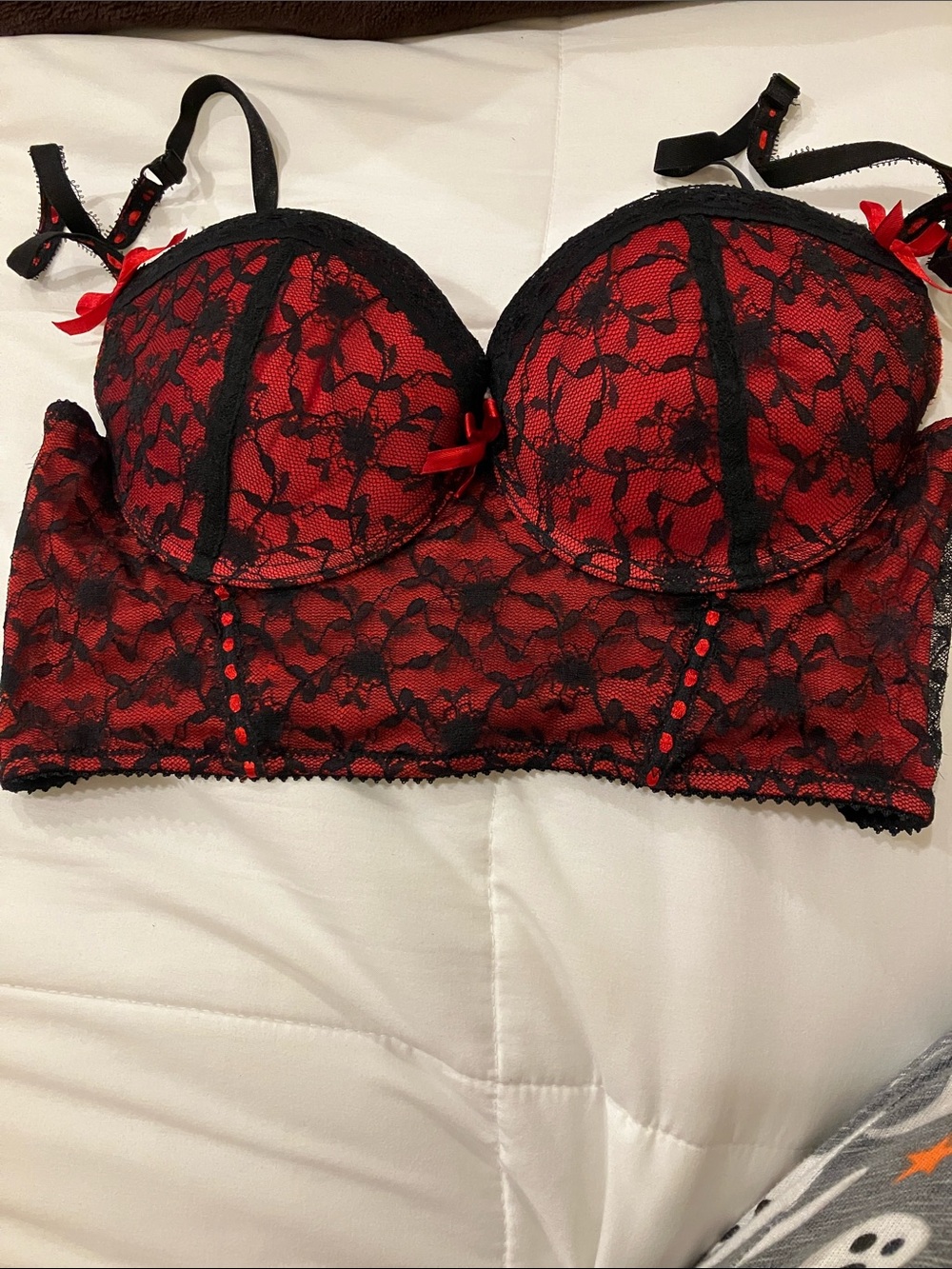 Red Lace Longline Bra with Black Overlay